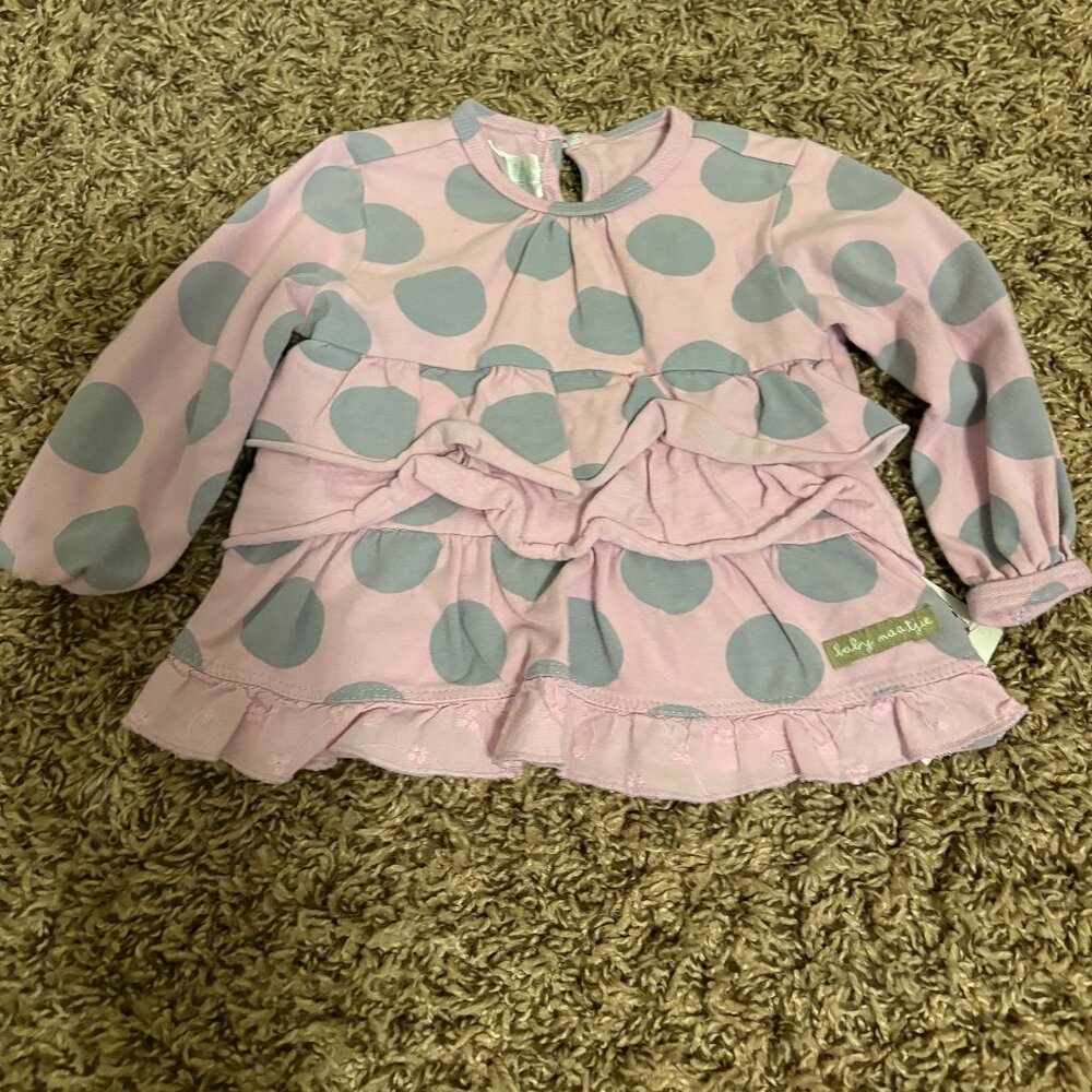 Naartjie Pink Long Sleeve Top 6-12 Months Light Pink and Gray Polka Dot Ruffles